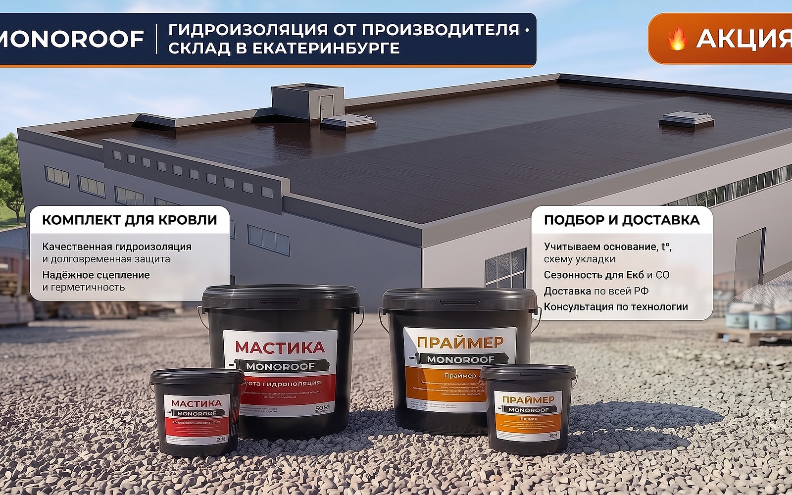 Комплект для кровли (праймер + мастика) MONOROOF, фото комплекта праймер и мастика MONOROOF акция