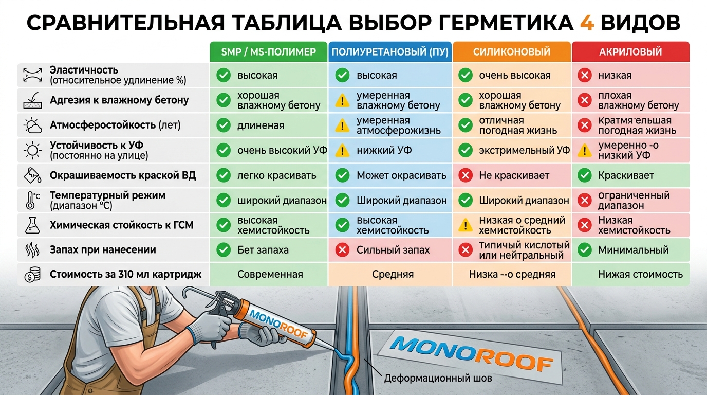 Герметик SMP MS-полимер vs полиуретановый vs силиконовый — какой выбрать для фасада, окна, бассейна, иллюстрация к статье MONOROOF