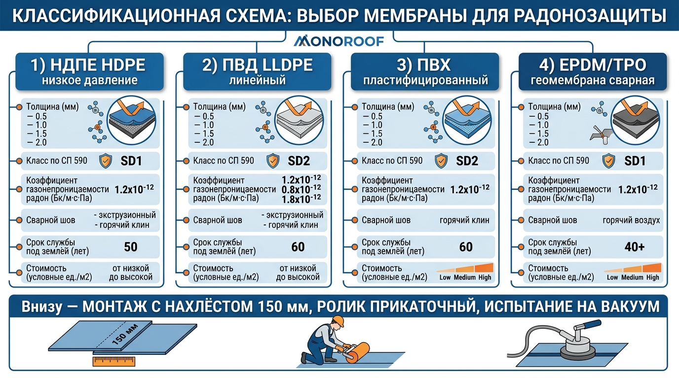 Как выбрать мембрану для радонозащиты и газоизоляции: HDPE 2 мм SD1 vs ПВД vs геомембрана GM-13, иллюстрация к статье MONOROOF