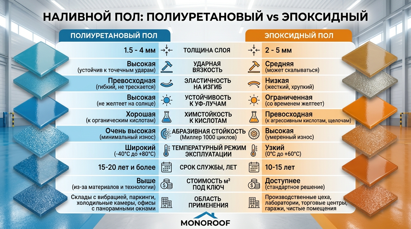 Как выбрать наливной пол: полиуретановый vs эпоксидный (сравнение 2026), иллюстрация к статье MONOROOF