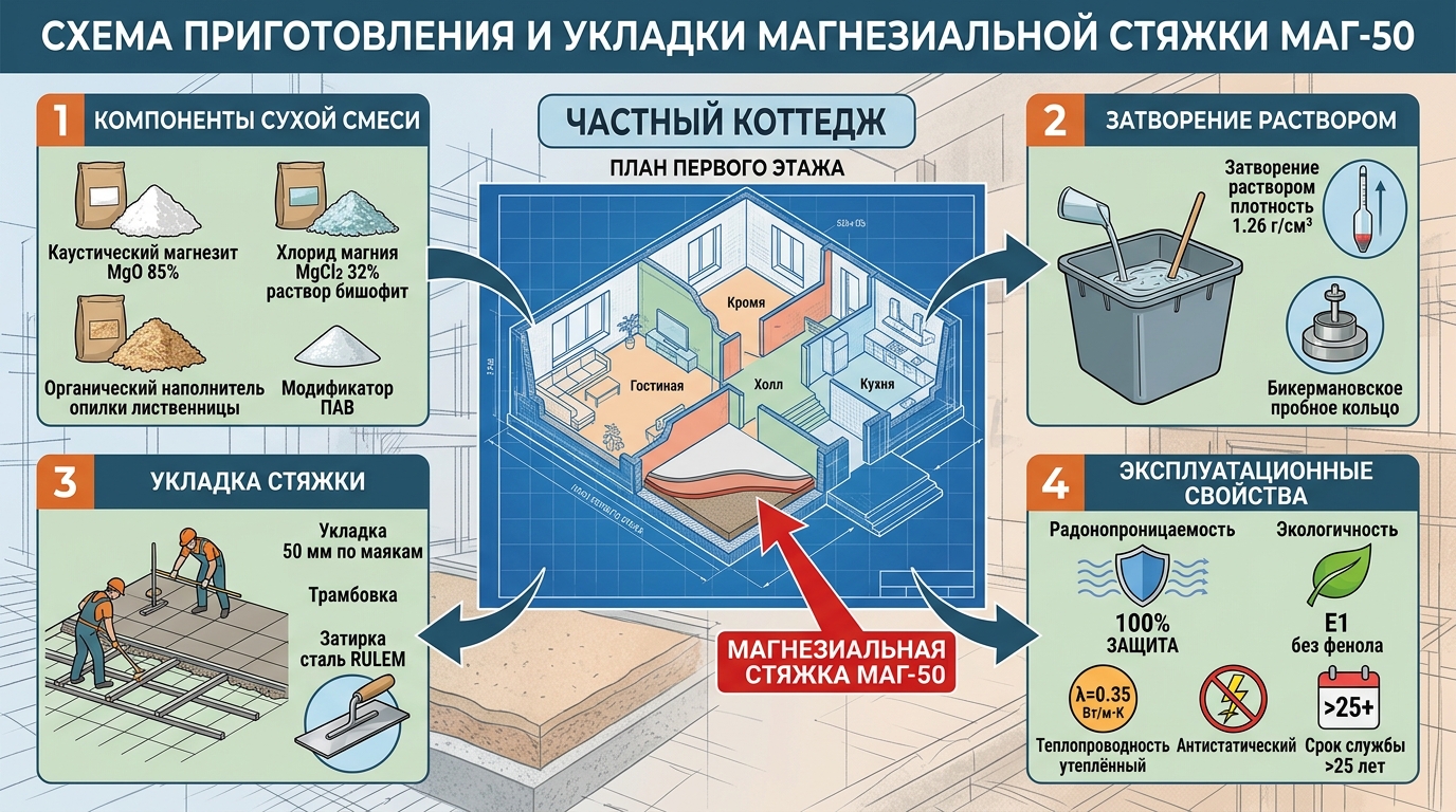 Магнезиальная (Магнезиальная) стяжка МАГ-50 MgO — нулевая паропроницаемость для радона и влажных подвалов, иллюстрация к статье MONOROOF