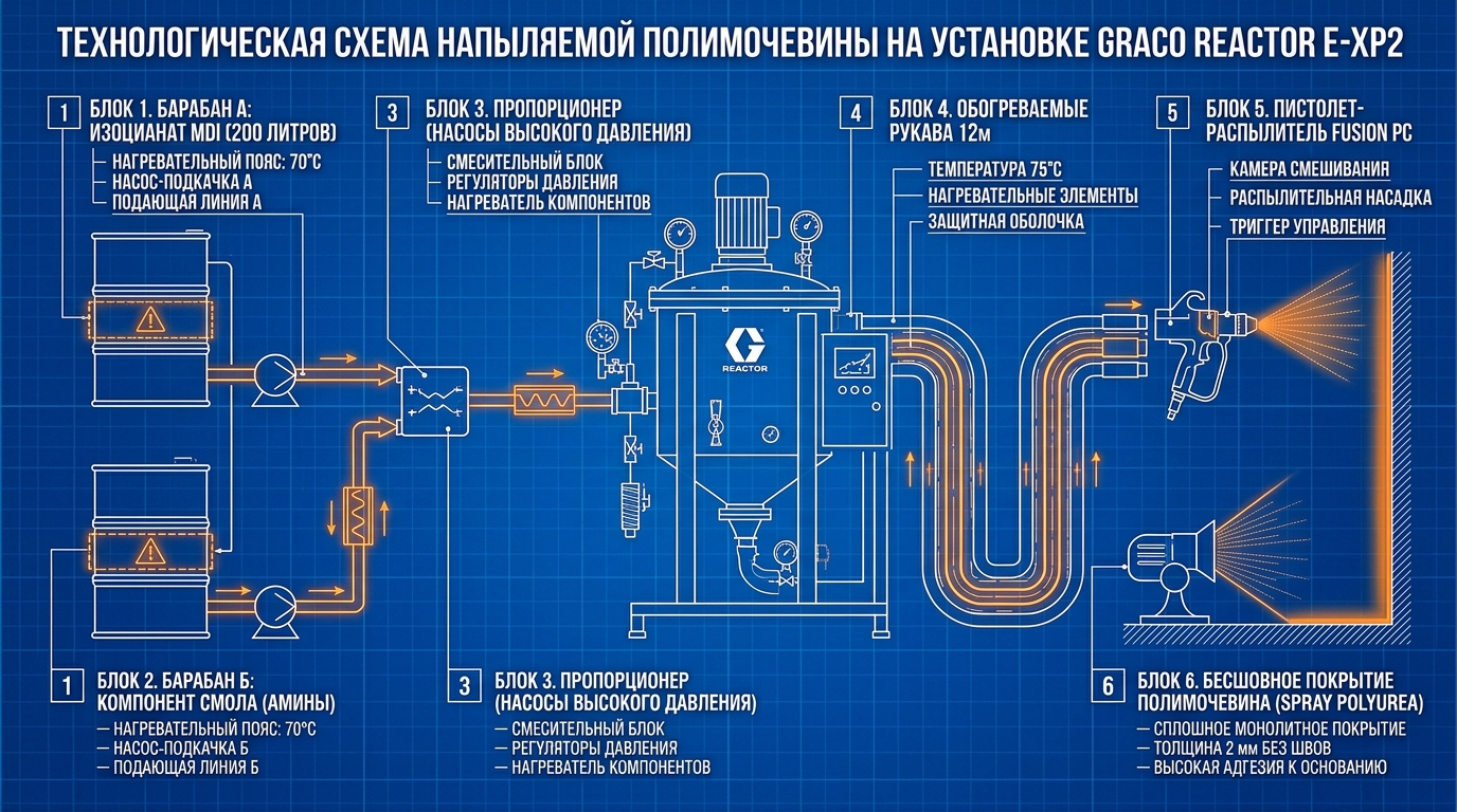 Напыляемая полимочевина ПУУ 2К: технология Graco Reactor E-XP2 (10 шагов HowTo), иллюстрация к статье MONOROOF