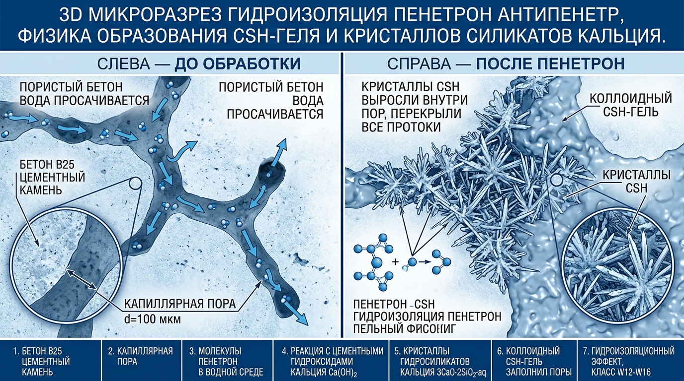 Проникающая гидроизоляция Пенетрон: как работает кристаллы C-S-H gel в порах бетона, иллюстрация к статье MONOROOF