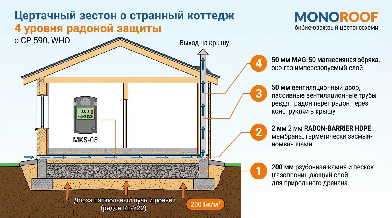 Радонозащита коттеджа СП 590.1325800: 4 уровня — мембрана HDPE 2 мм + магнезиальная стяжка + герметизация + вентиляция, иллюстрация к статье MONOROOF