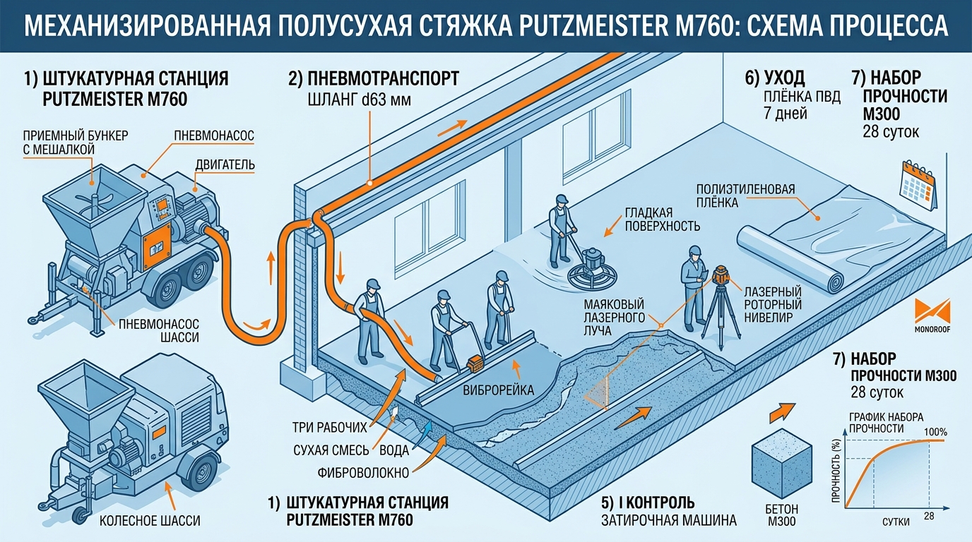 Полусухая стяжка пола механизированная Putzmeister M760: технология, иллюстрация к статье MONOROOF