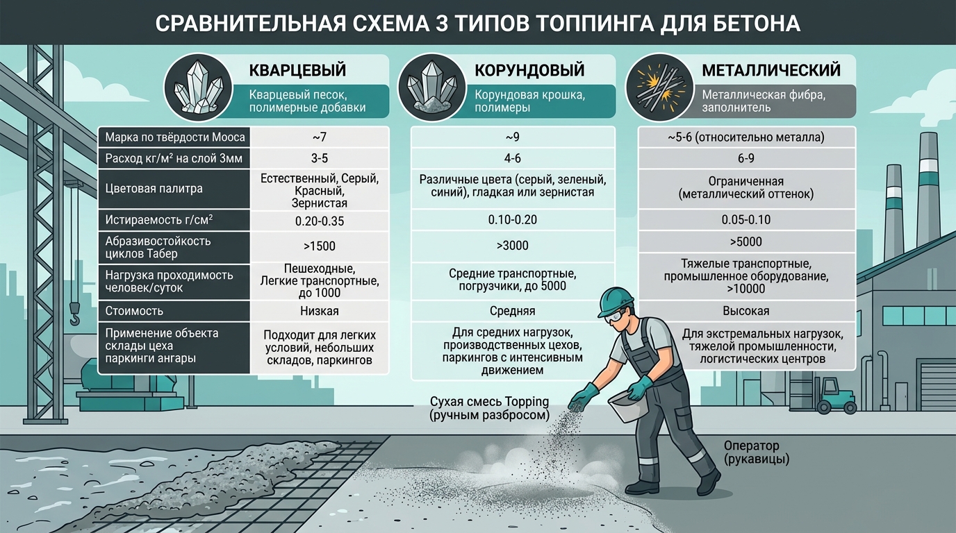 Топпинг для бетона: корундовый 5 кг/м², кварцевый, металлический — какой выбрать, расход, иллюстрация к статье MONOROOF
