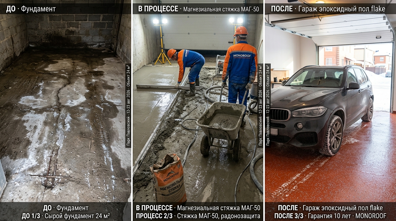 Коттедж Парк Павловский: ГИ фундамент + стяжка + эпоксид гараж 24 м², фото объекта MONOROOF