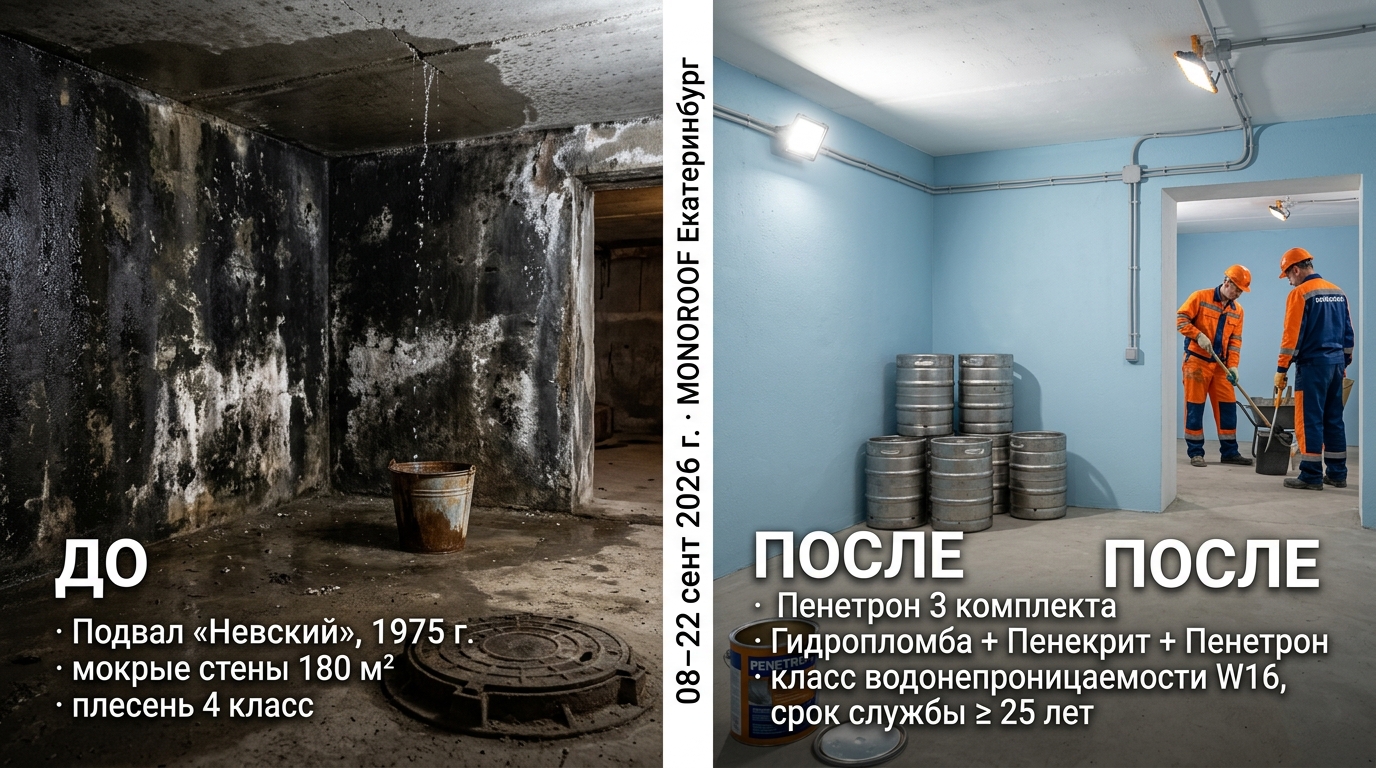 Подвал «Невский» Екатеринбург 1975 г.: Пенетрон-комплекс изнутри 180 м², фото объекта MONOROOF