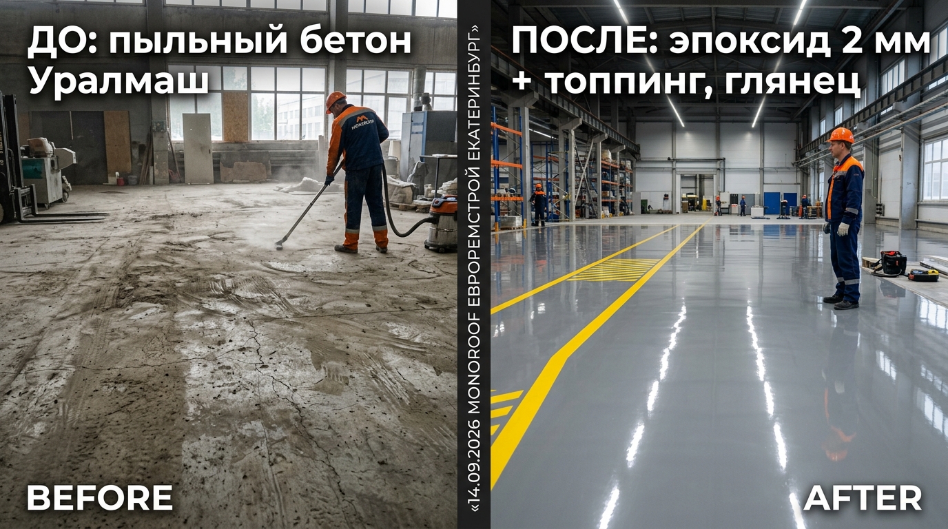 Эпоксидный пол склада MONOROOF Уралмаш 120 м², фото объекта MONOROOF