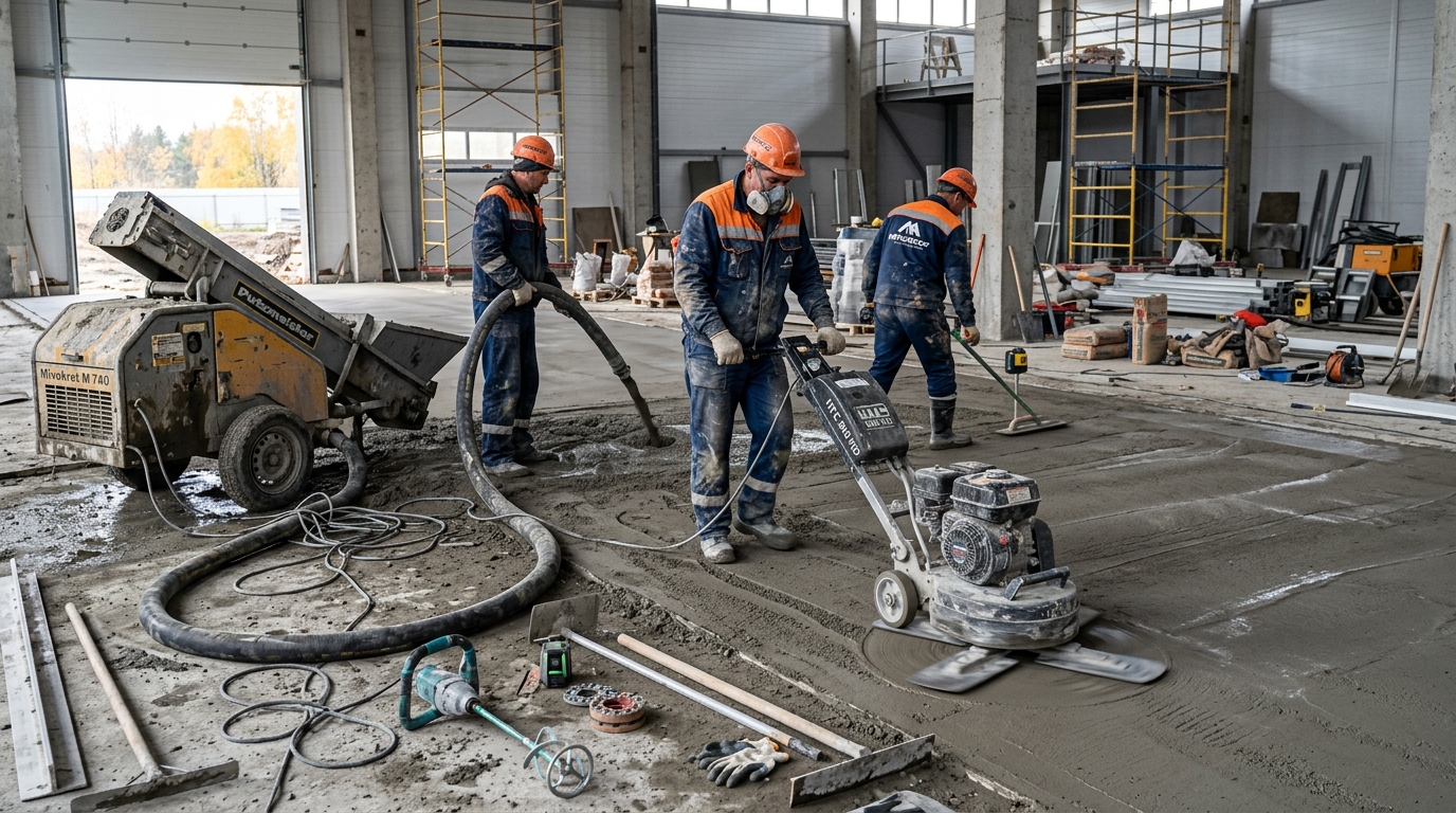 Полусухая стяжка пола механизированная — 240 м² за смену 4 человека, обложка услуги MONOROOF